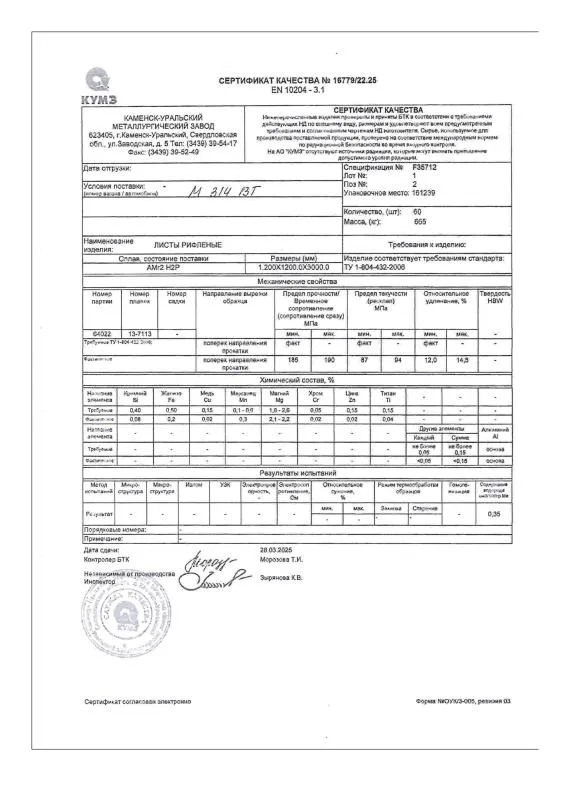 Сертификат на лист алюминиевый рифленый